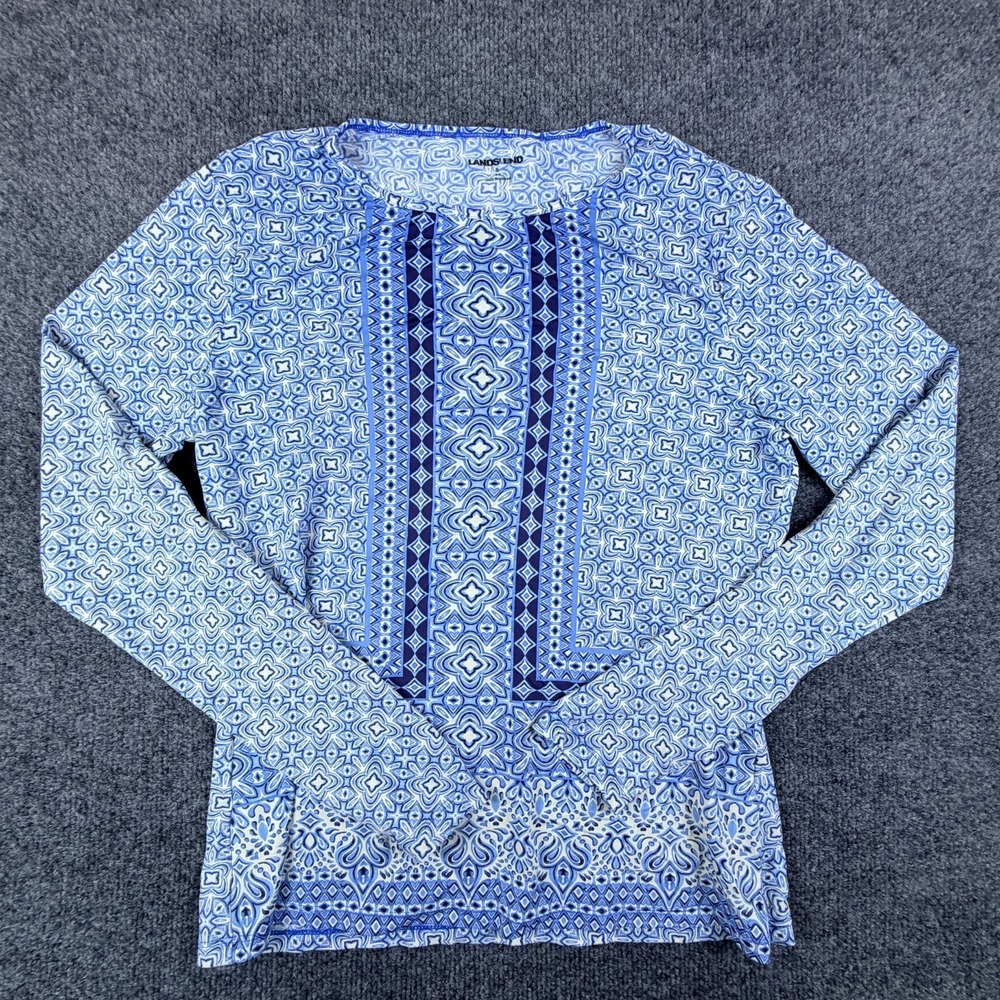 Lands' End Top Womens Small 6-8 Blue White Geometric Tile Print Crew Neck Casual
